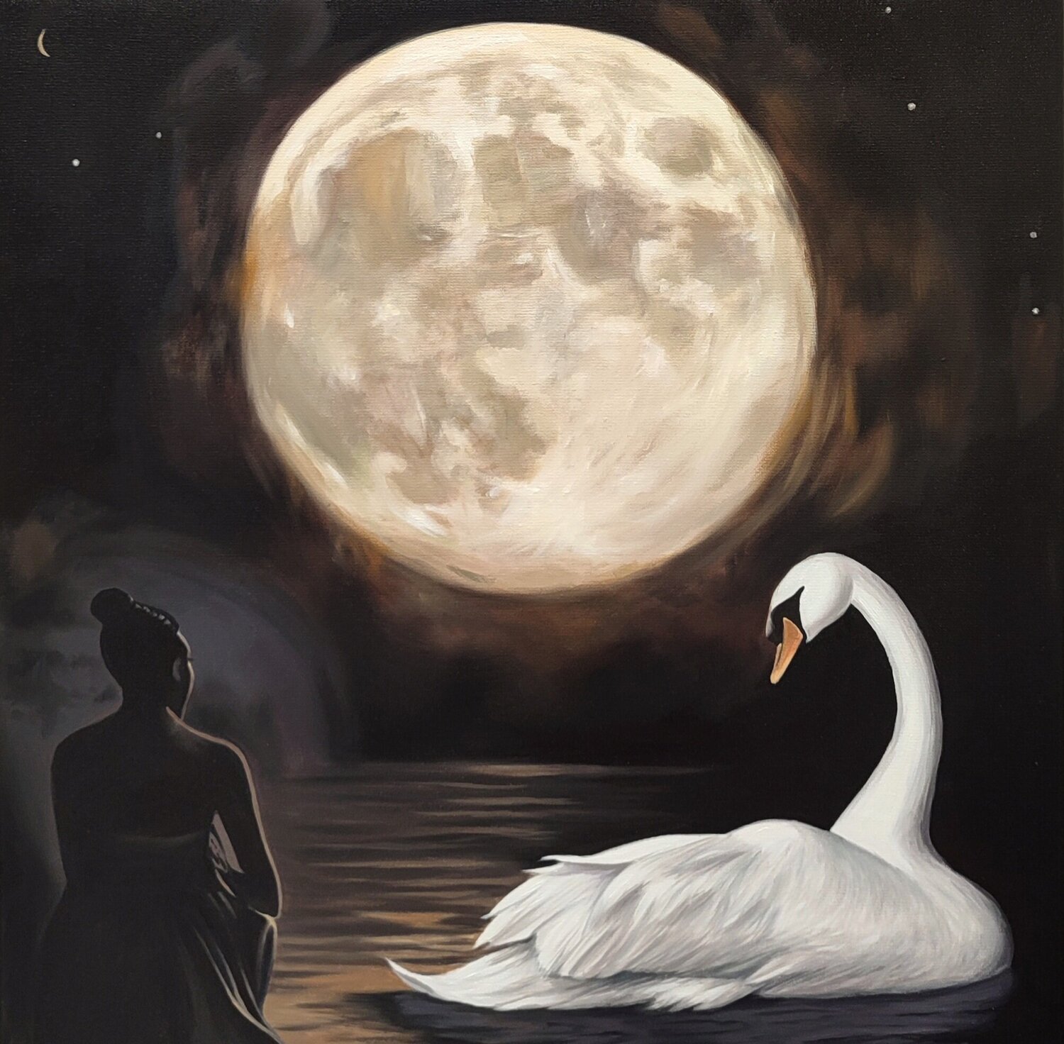 Exclusive Oil Painting "Moonlit Serenity" — A Romantic Composition Featuring a White Swan Evgeniya Duvakina Original painting for sale