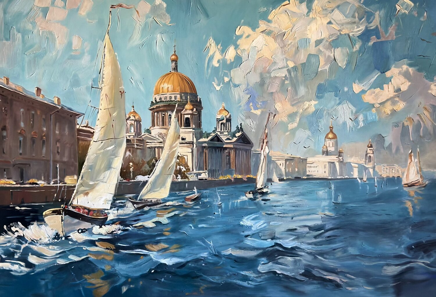 Professional Oil Painting “Sails Above the Imperial City” — A Majestic Seascape with Historic Architecture Evgeniya Duvakina Original painting for sale