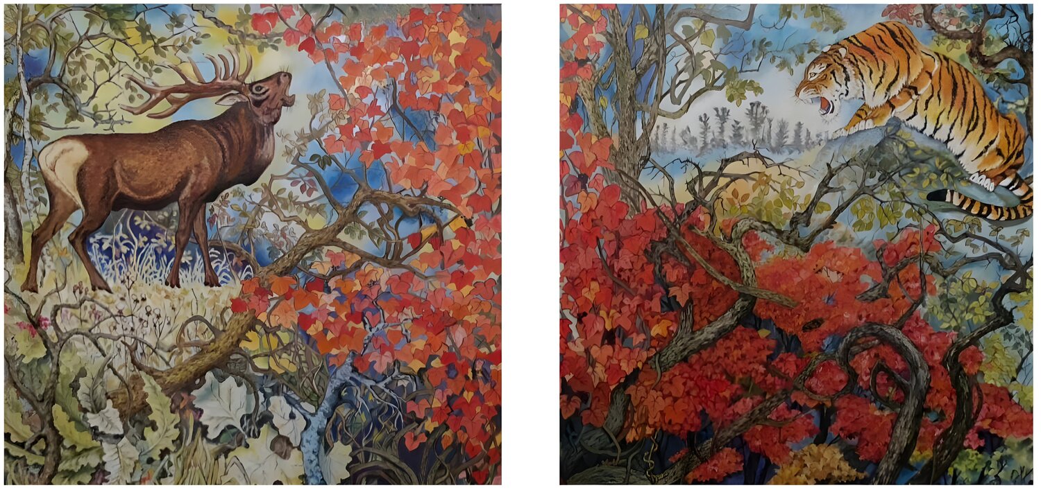 “Two Inhabitants of the Forest” — an original oil-painted diptych featuring a tiger and a deer Evgeniya Duvakina Original painting for sale