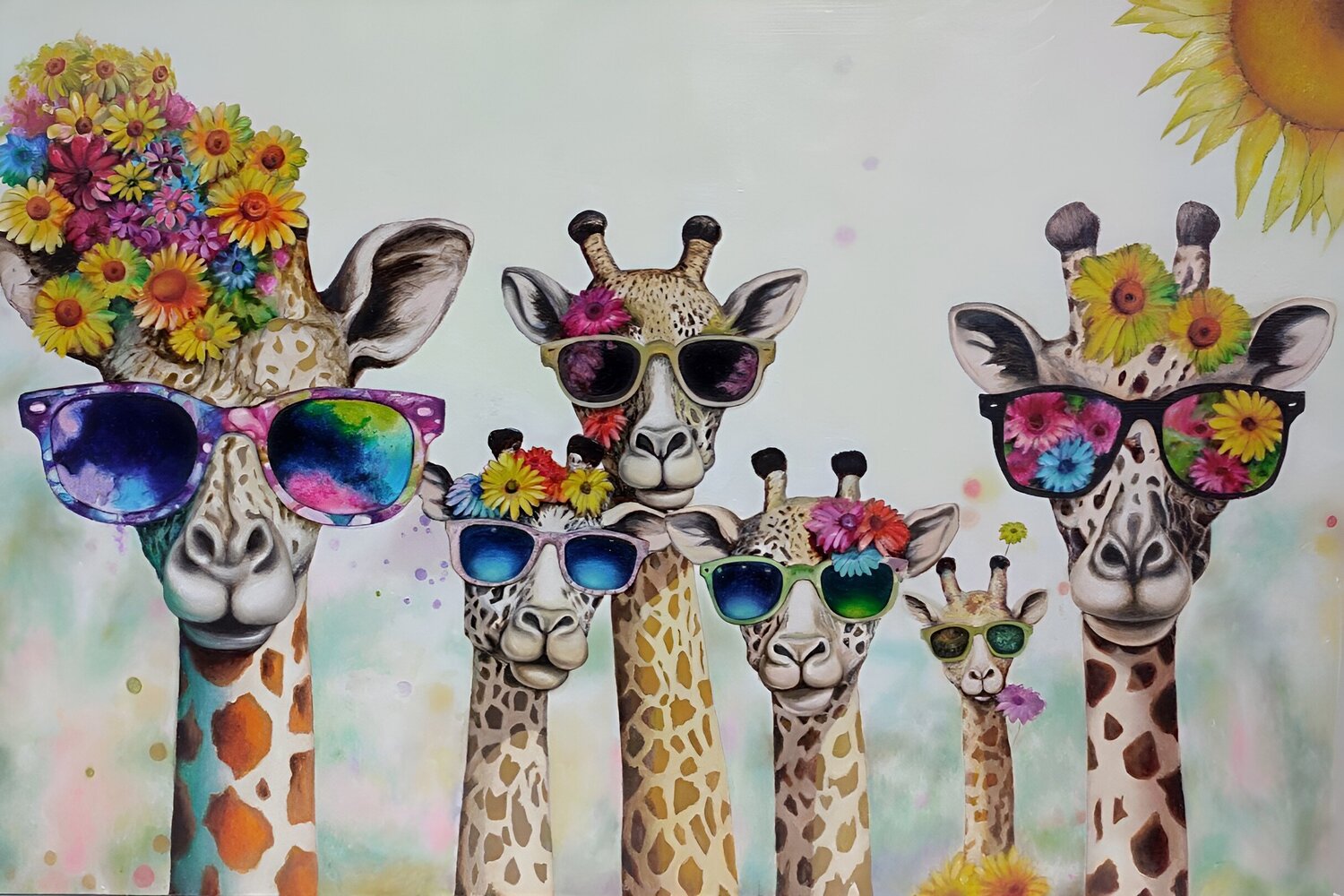 “Giraffes in Sunglasses” — The Art of Good Mood Evgeniya Duvakina Original painting for sale
