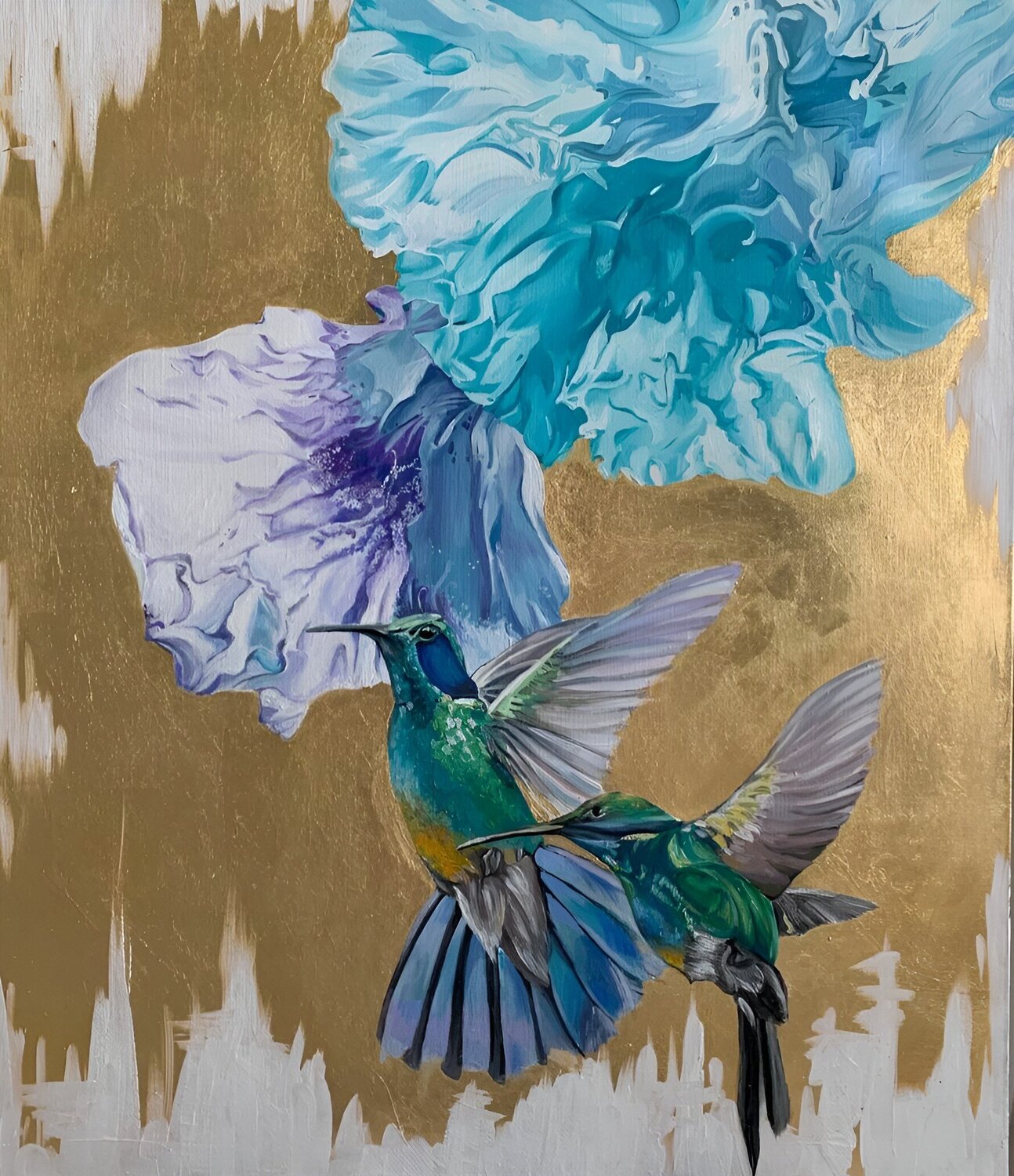“Flight Through Flowers” — Original Oil Painting with a Hummingbird and Irises Evgeniya Duvakina Original painting for sale