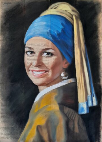 Queen Máxima of the Netherlands as The Girl with a Pearl Earring by Inga Yarotskaya, Drawing for Sale on Select