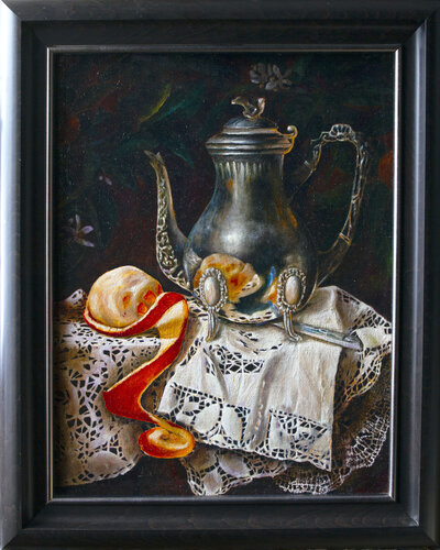 Orange on lace tablecloth with silver coffee pot by Inga Loginova, Painting for Sale on Select