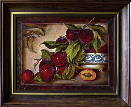 Satin Plums and the Ancient Meander: A Trompe-l'oeil Symphony by Inga Loginova, Painting for Sale on Select
