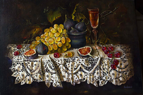 Grapes and figs on a lace tablecloth by Inga Loginova, Painting for Sale on Select