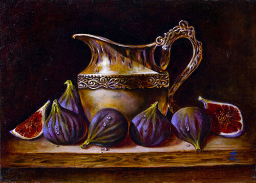 Still Life with Fig and Copper Jug by Inga Loginova, Painting for Sale on Select