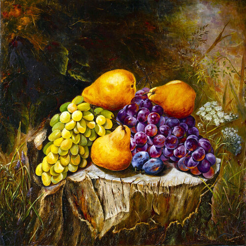 Grapes and pears on an old stump by Inga Loginova, Painting for Sale on Select