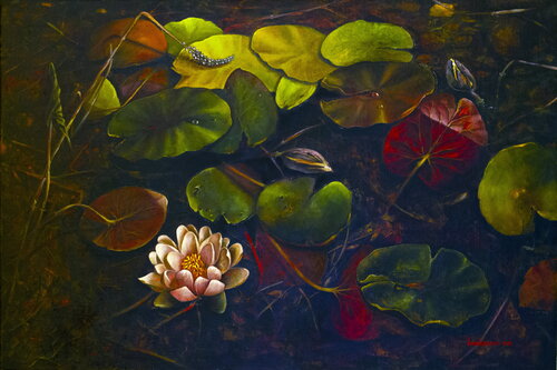 Water lilies in marsh leaves by Inga Loginova, Painting for Sale on Select