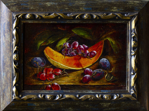 Golden Harvest: Melon and Velvet Grapes by Inga Loginova, Painting for Sale on Select