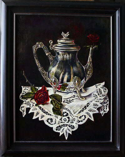 Silver coffee pot with roses on a lace doily by Inga Loginova, Painting for Sale on Select