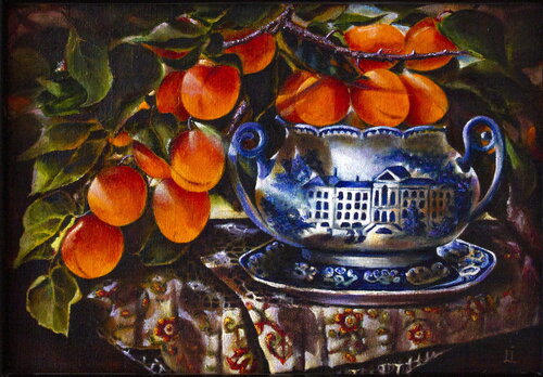 Apricot branch in a porcelain bowl by Inga Loginova, Painting for Sale on Select