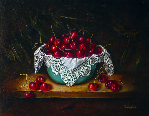 Cherries in a turquoise bowl. by Inga Loginova, Painting for Sale on Select