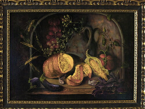 Rustic still life with pumpkin, corn and old jug by Inga Loginova, Painting for Sale on Select