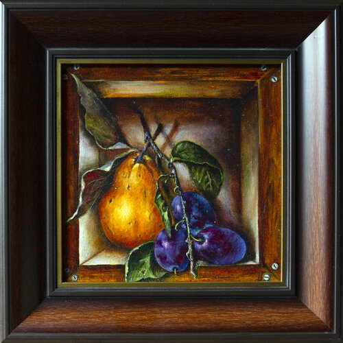 A ripe pear with a branch of plum. (Trompe l'oeil technique) by Inga Loginova, Painting for Sale on Select