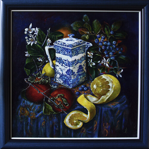 Blue still life with lemon by Inga Loginova, Painting for Sale on Select