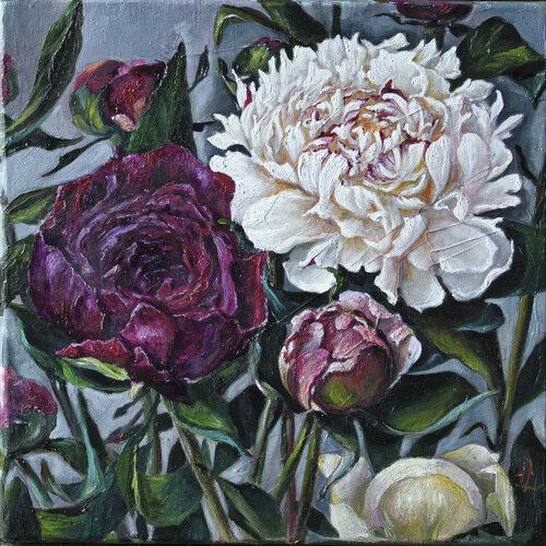 Renaissance Fragment: The Dialogue of Peonies by Inga Loginova, Painting for Sale on Select