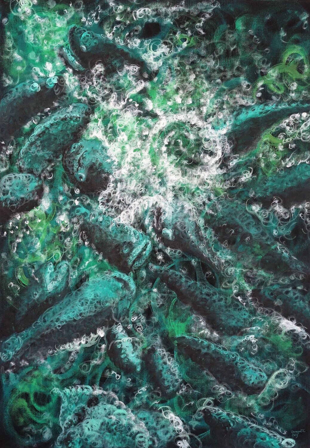 FEEDING: Green Donegel' Chong Original painting for sale