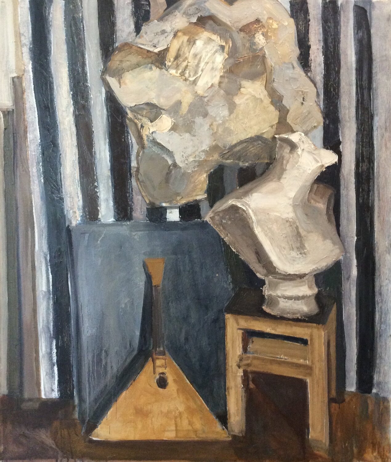 Still life with plaster, paper and balalaika Anna Trigub Original painting for sale