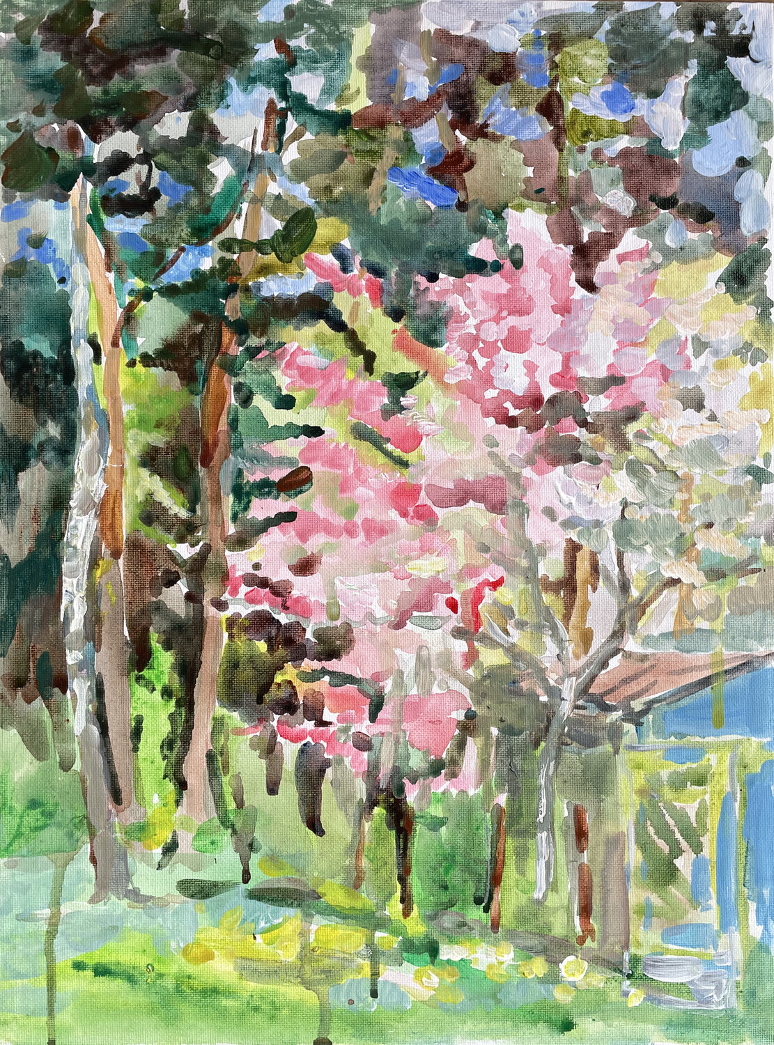 An apple tree in bloom in the forest. May Anna Trigub Original painting for sale