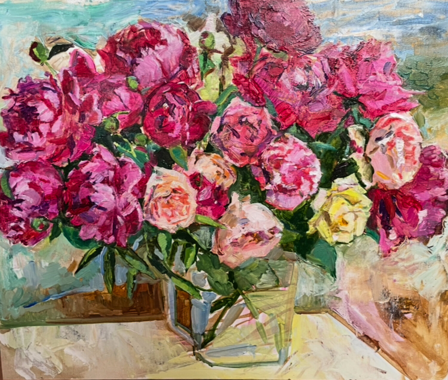 Purple peonies and roses Anna Trigub Original painting for sale