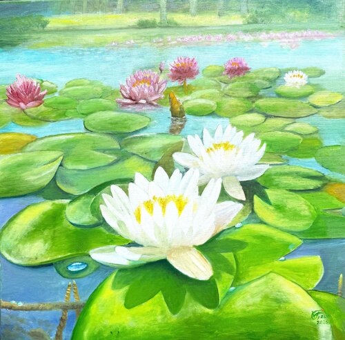 Water lilies in the Krmel pond by Volodymyr Tyzun, Painting for Sale on Select