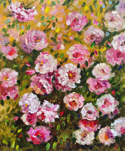 Roses original oil painting on canvas. Flowers art, floral artwork, textured impasto oil painting von Olga Ponomarenko, Malerei kaufen auf Select