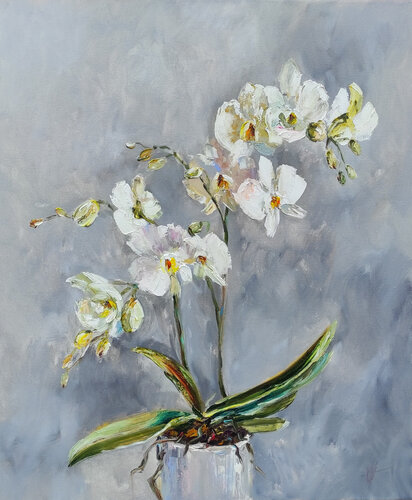 The White Orchid. Original oil floral artwork von Olga Ponomarenko, Malerei kaufen auf Select