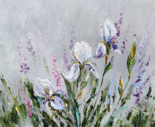 Irises. Impasto oil painting von Olga Ponomarenko, Malerei kaufen auf Select