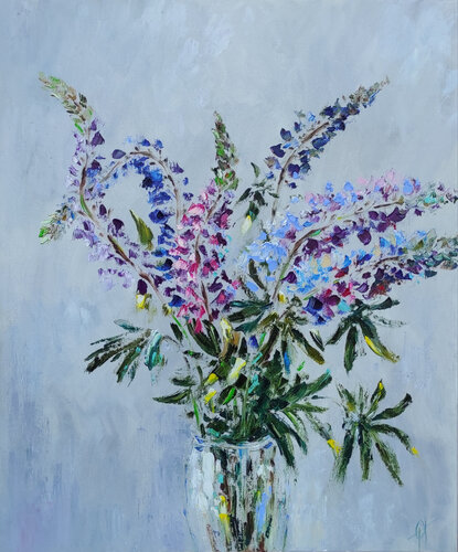 Lupine bouquet. Impasto oil painting on canvas von Olga Ponomarenko, Malerei kaufen auf Select