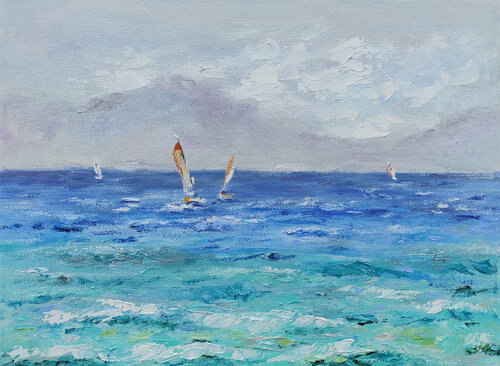 Bright sailboats at sea. Original oil seascape on canvas von Olga Ponomarenko, Malerei kaufen auf Select
