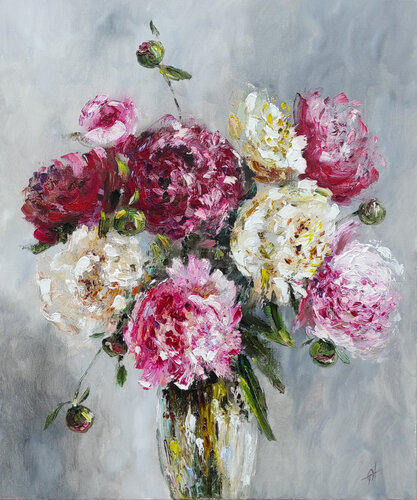 Bright impasto peonies artwork von Olga Ponomarenko, Malerei kaufen auf Select