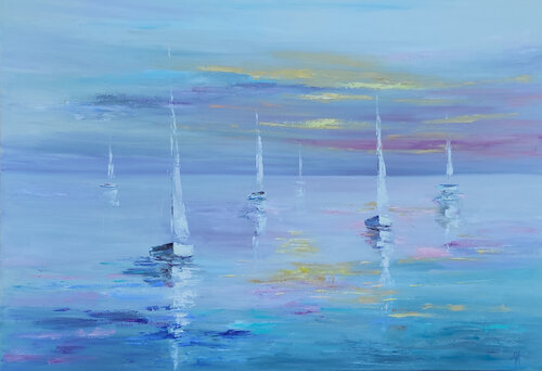 White yachts on sunset original oil seascape von Olga Ponomarenko, Malerei kaufen auf Select