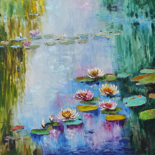Waterlilies original impasto oil painting on canvas von Olga Ponomarenko, Malerei kaufen auf Select