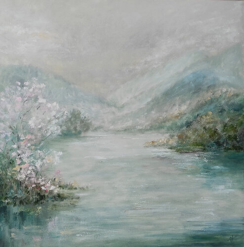 Spring in the mountains original oil painting von Olga Ponomarenko, Malerei kaufen auf Select