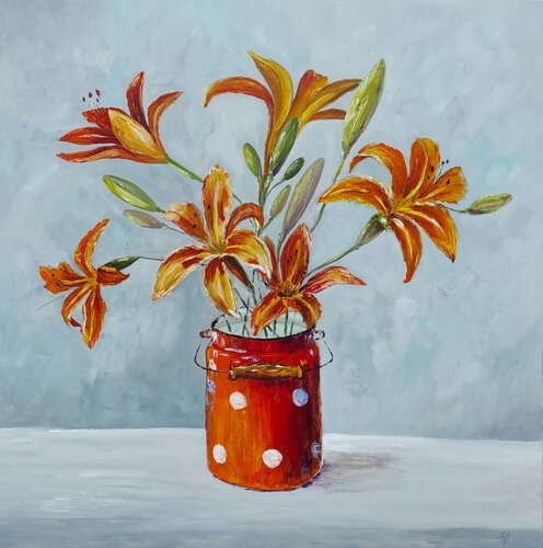 Orange lilies original oil painting von Olga Ponomarenko, Malerei kaufen auf Select