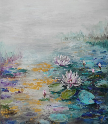 Water lilies on a misty forest lake original oil painting von Olga Ponomarenko, Malerei kaufen auf Select
