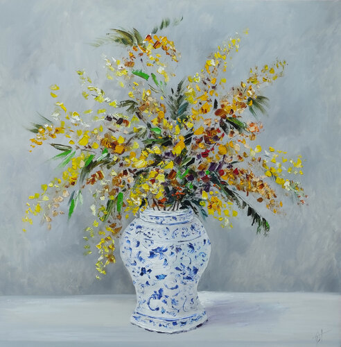 Bouquet of mimosa in a Chinese vase von Olga Ponomarenko, Malerei kaufen auf Select