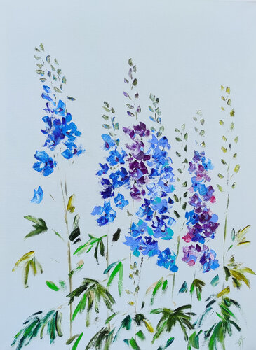 Blue delphiniums original impasto artwork von Olga Ponomarenko, Malerei kaufen auf Select