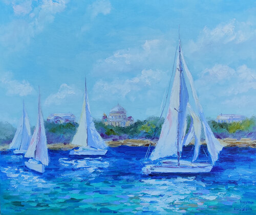 Wind in the sails. Seascape.  Blue Coastal Sailboat Oil Artwork von Olga Ponomarenko, Malerei kaufen auf Select