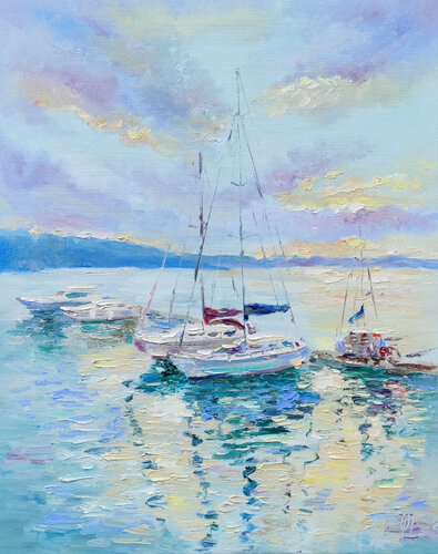 Yachts at sunset. Original oil impasto seascape von Olga Ponomarenko, Malerei kaufen auf Select