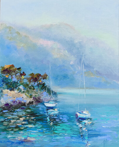 Dawn over the bay. Original oil seascape by Olga Ponomarenko, Painting for Sale on Select