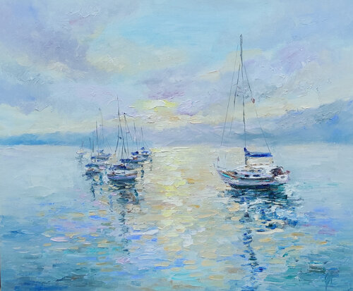 White yachts at dawn. Original oil seascape von Olga Ponomarenko, Malerei kaufen auf Select