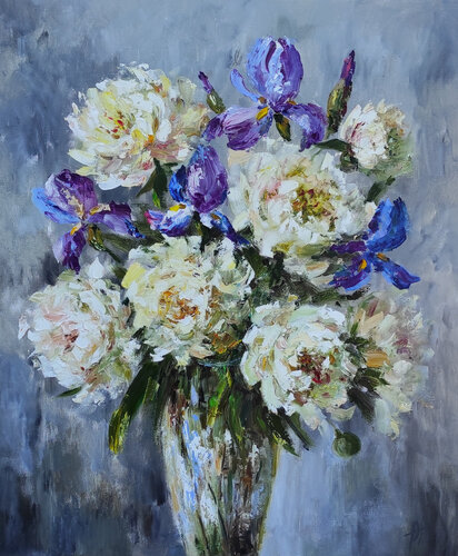 Bouquet of white peonies and irises. by Olga Ponomarenko, Painting for Sale on Select