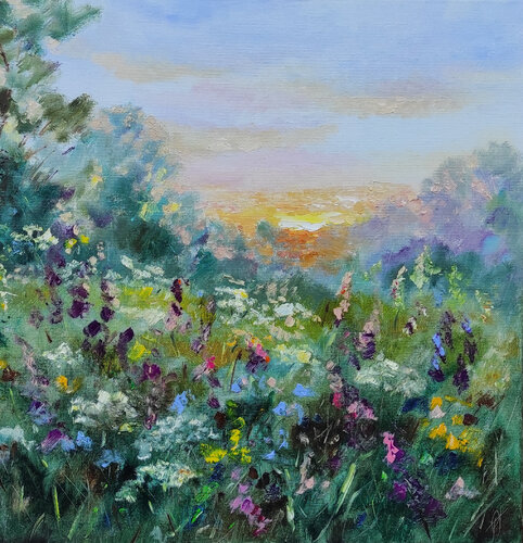 A blooming meadow at sunset. Original oil landscape von Olga Ponomarenko, Malerei kaufen auf Select