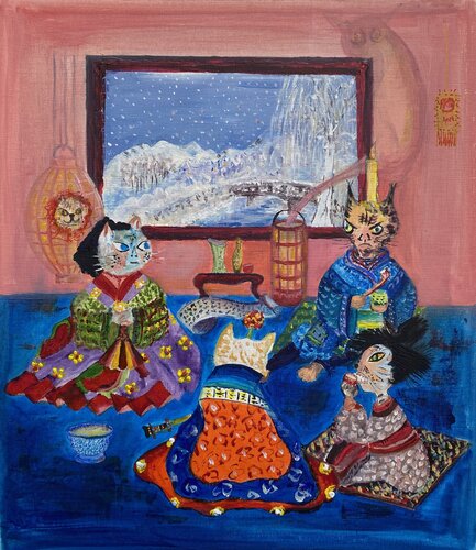 Those Excentric Samurais meet again to discuss the beauty and sadness. by Kasia Turajczyk, Painting for Sale on Select