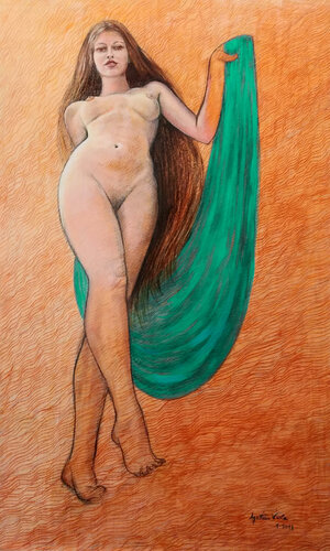Donna nuda con velo azzurro-verde by Agostino Viola, Painting for Sale on Select