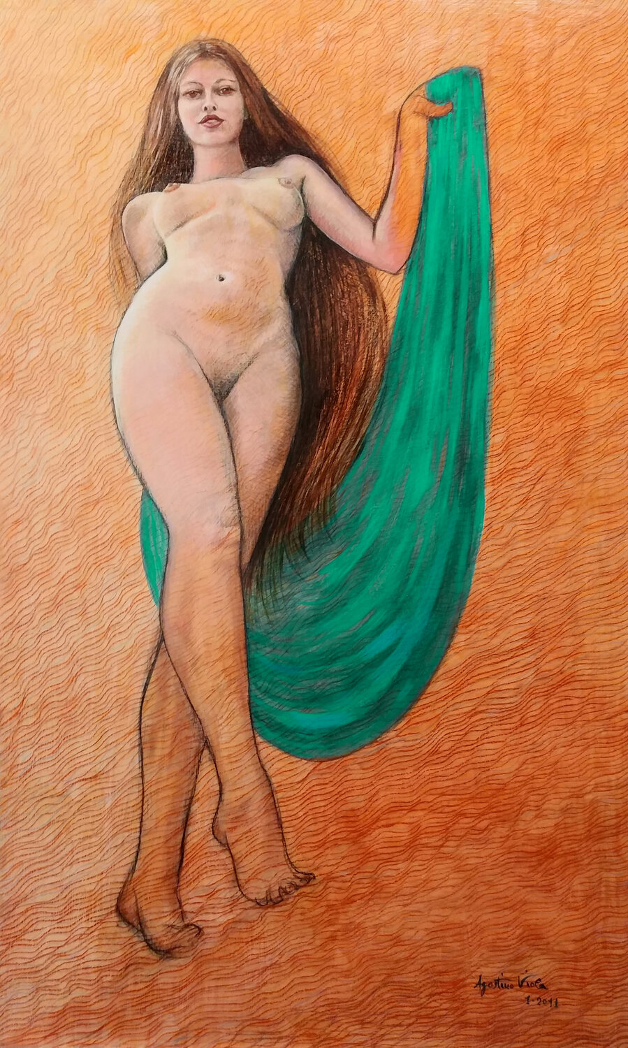 Donna nuda con velo azzurro-verde Agostino Viola Original painting for sale