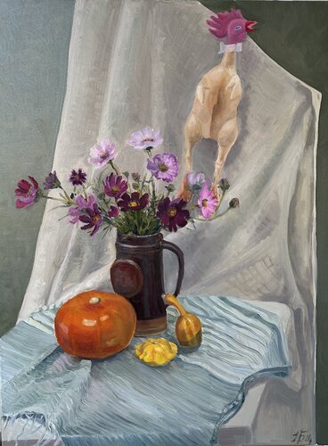 Cosmos Flowers and Humor by Iryna Barabash, Painting for Sale on Select