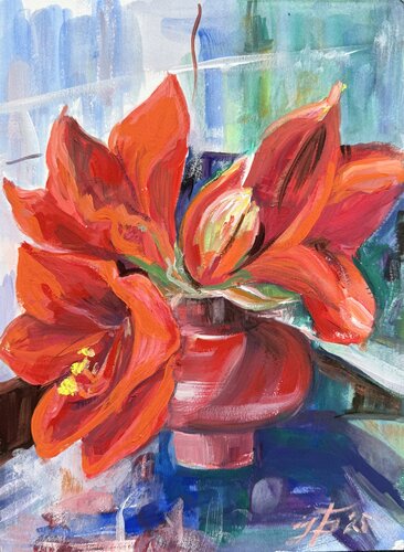 Red Amaryllis by Iryna Barabash, Painting for Sale on Select