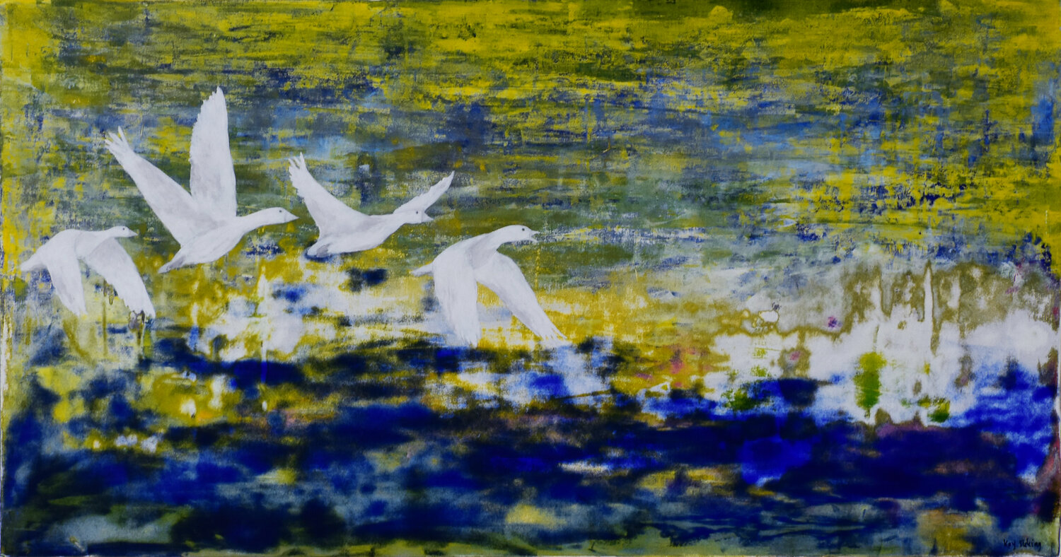 What if? About White Geese & Magnetic Fields Kay Sleking Original painting for sale
